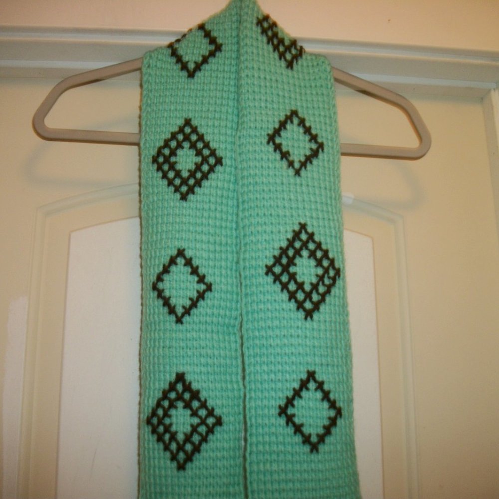 AWESOME AQUA HAND KNITTED LONG GEOMETRIC SCARF